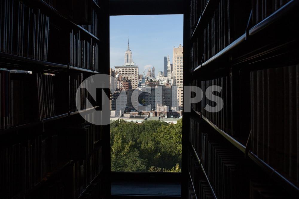 NYU Bobst library aisle and Empire State Building - books on shelf with window view in NYC