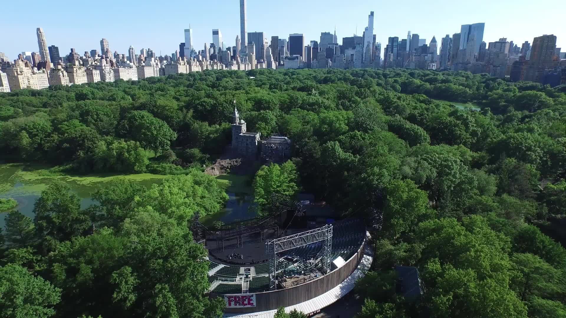 aerial of Central Park trees and Manhattan skyscrapers on summer day in NYC