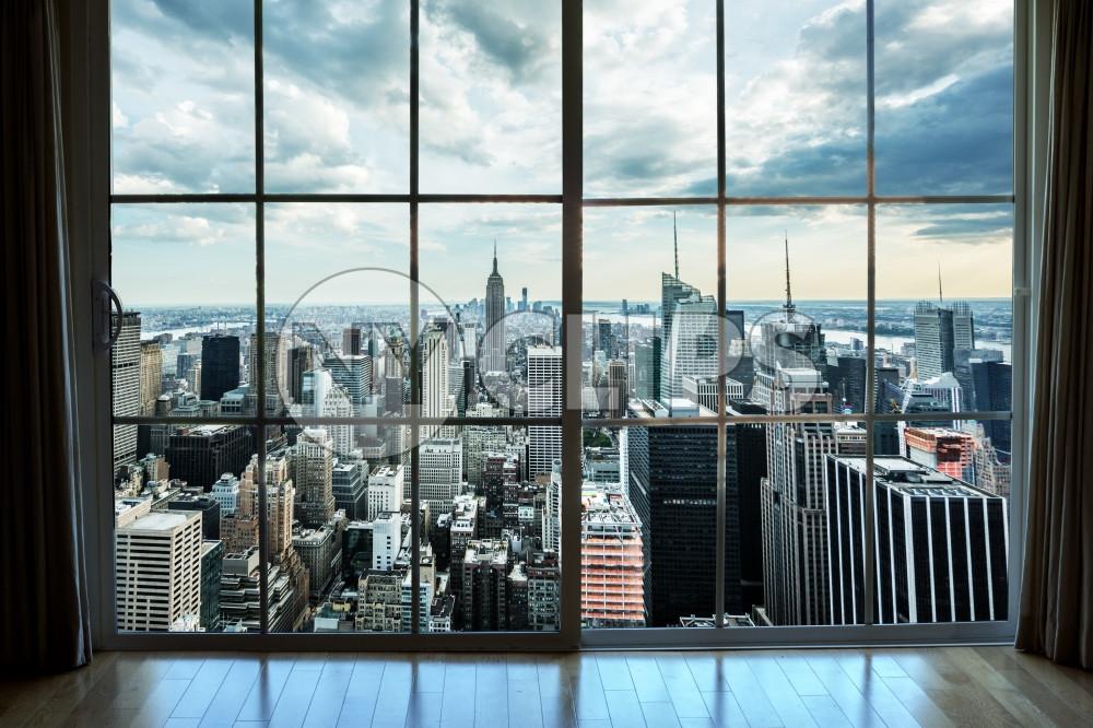 Manhattan cityscape view from high-rise window with curtains in luxury real estate interior apartment - Empire State Building and skyscrapers and buildings in New York City NYC