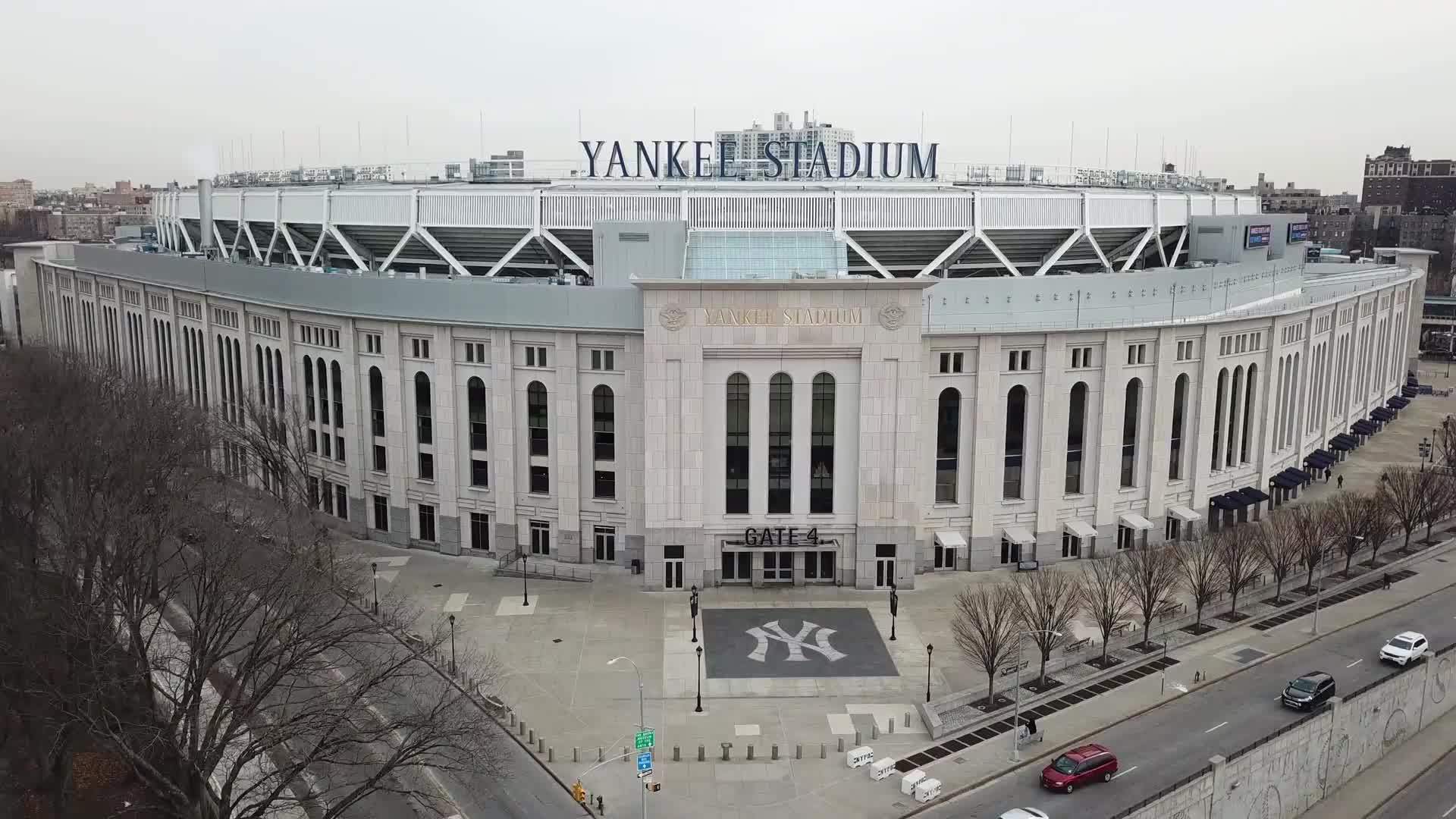 Yankee Stadium aerial front flyover in the Bronx New York City NYC in 4K and 1080 HD