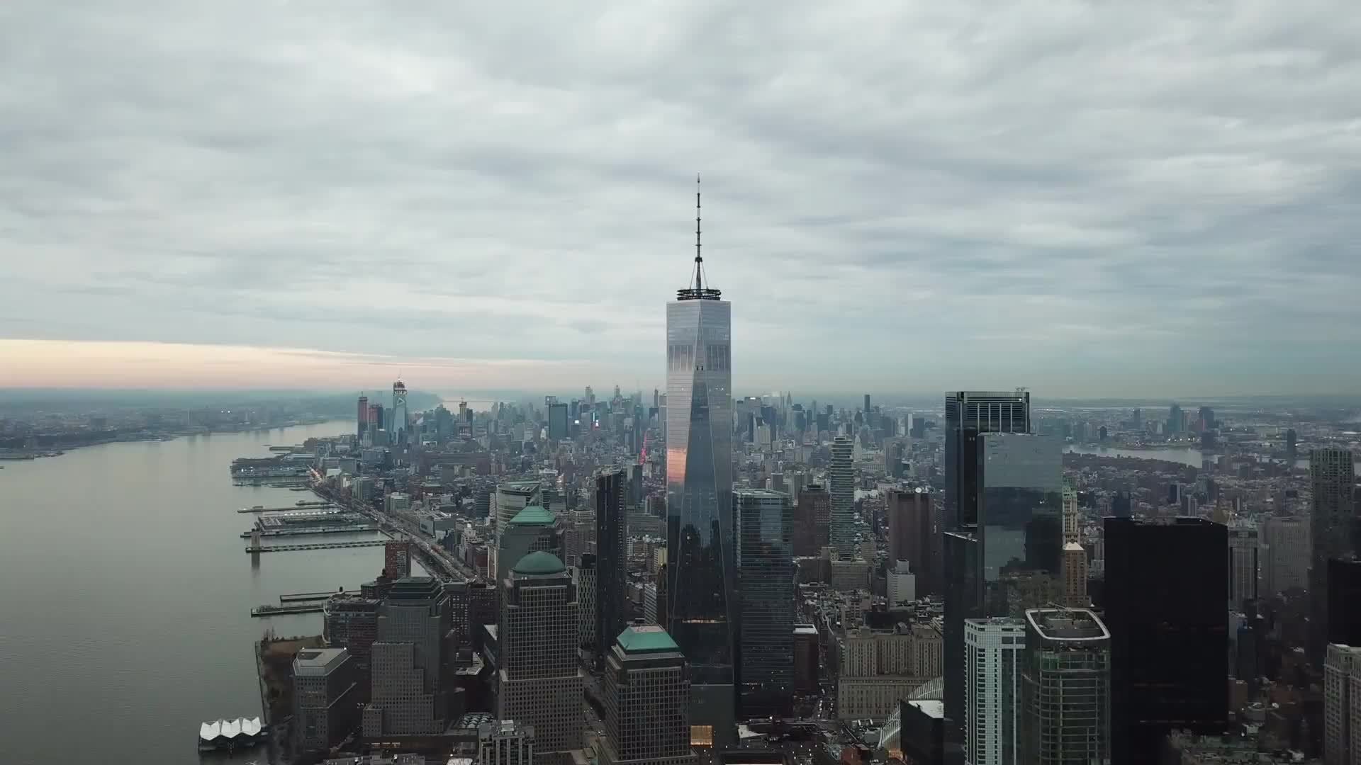 Freedom Tower aerial moving forward 4K and 1080 HD in Manhattan New York City NYC