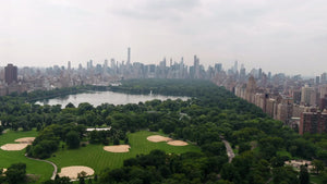 Central Park aerial pulling back over meadow Manhattan New York City NYC