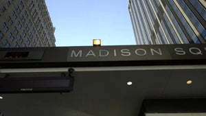 Madison Square Garden front entrance sign on canopy in NYC