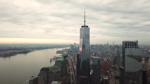 descending aerial of Freedom Tower moving downward in Manhattan in 4K and 1080 HD
