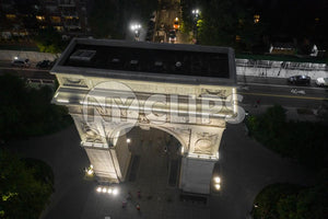 Washington Square Park arch monument at night from high aerial view in Manhattan New York City NYC