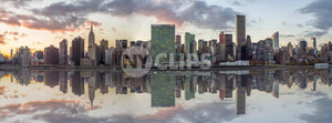 Manhattan Island on Water - Skyscrapers at sunset with Reflection - Empire State Building and United Nations, East River Panorama