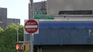 125th Street and Martin Luther King Jr. Boulevard signs in Harlem on sunny day in NYC